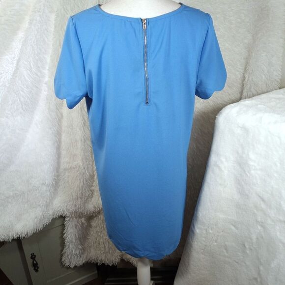 ONE STORY BLUE SHIFT DRESS W/SCALLOPED SLEEVES SZ.L EUC - Picture 6 of 8